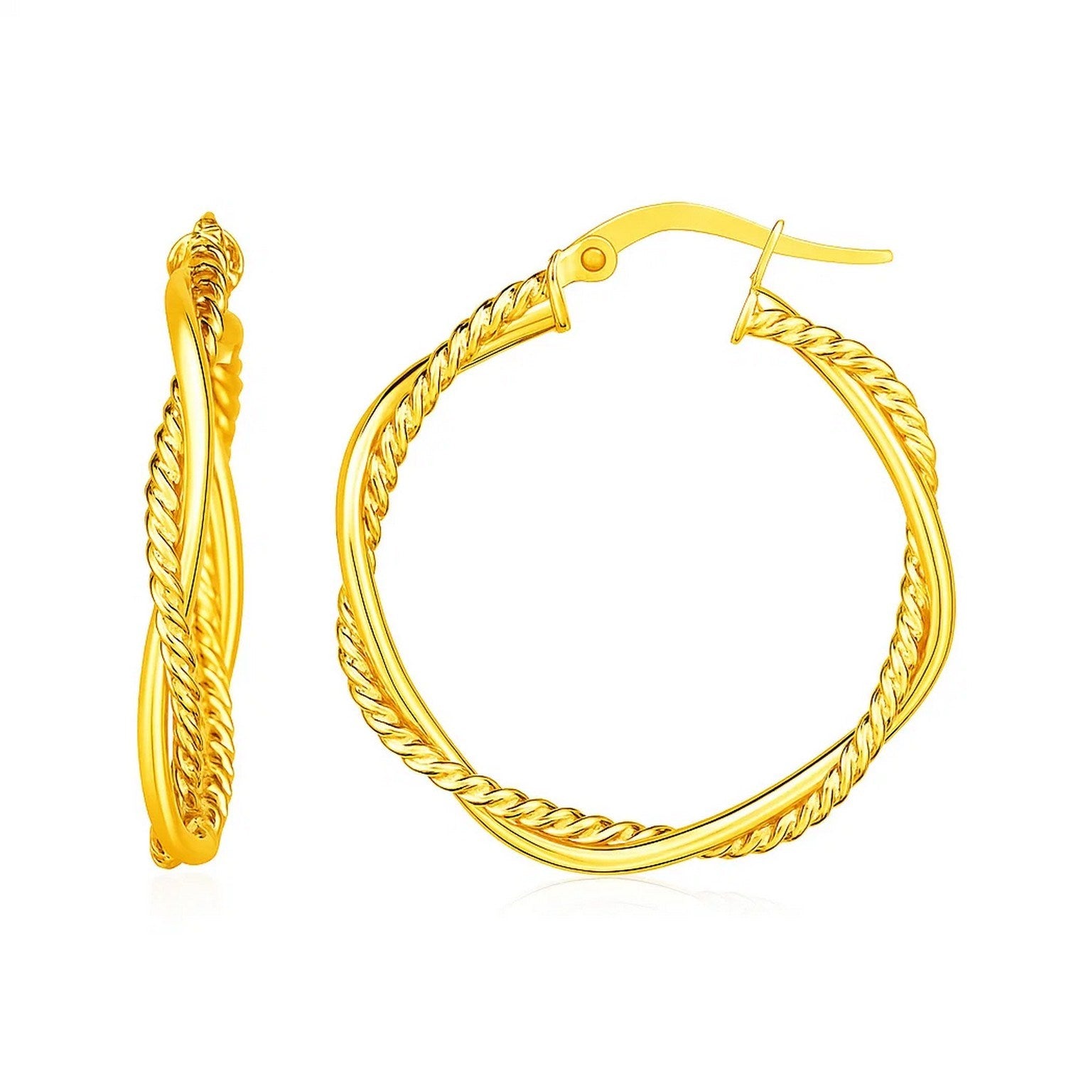 14k Yellow Gold Two Part Textured Twisted Round Hoop Earrings(3x25mm) in a sleek high-contrast midnight luxury editorial styl